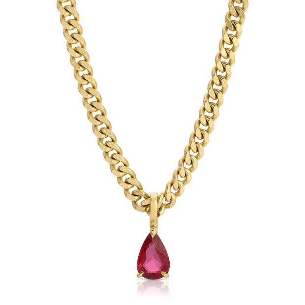 RUBY PEAR PENDANT ON BABY CURB CHAIN