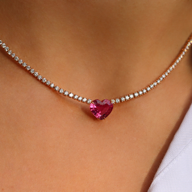 DIAMOND HEPBURN NECKLACE WITH HEART SHAPED PINK SAPPHIRE CENTER – Anita Ko