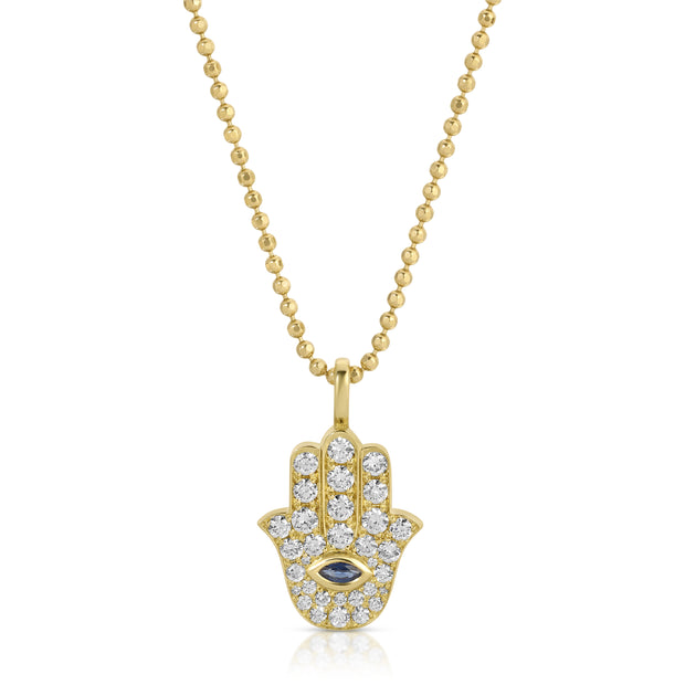 DIAMOND AND BLUE SAPPHIRE HAMSA PENDANT