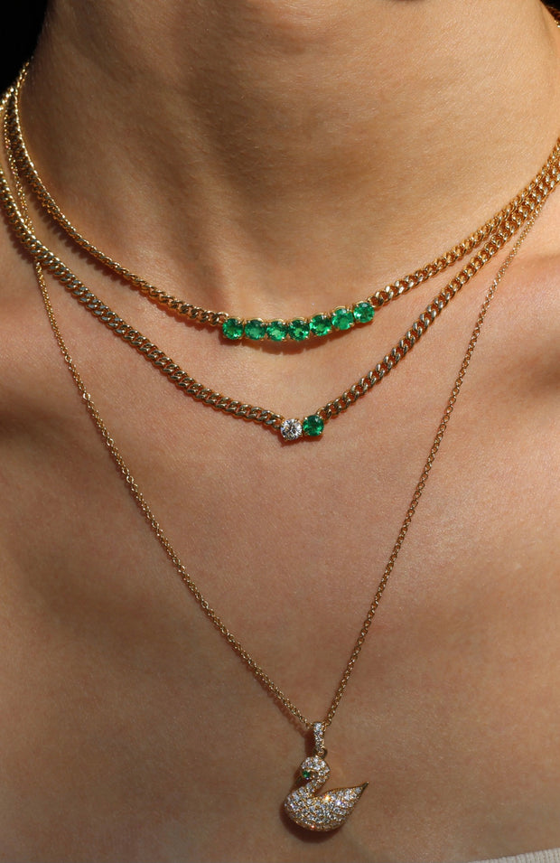 SMALL CUBAN CHAIN CHOKER WITH ROUND EMERALD AND DIAMOND CENTER