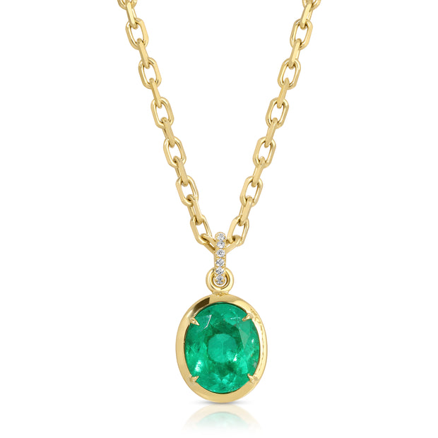 BEZELED COLOMBIAN OVAL EMERALD PENDANT WITH DIAMOND BAIL