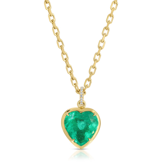 BEZELED COLOMBIAN HEART EMERALD PENDANT WITH DIAMOND BAIL