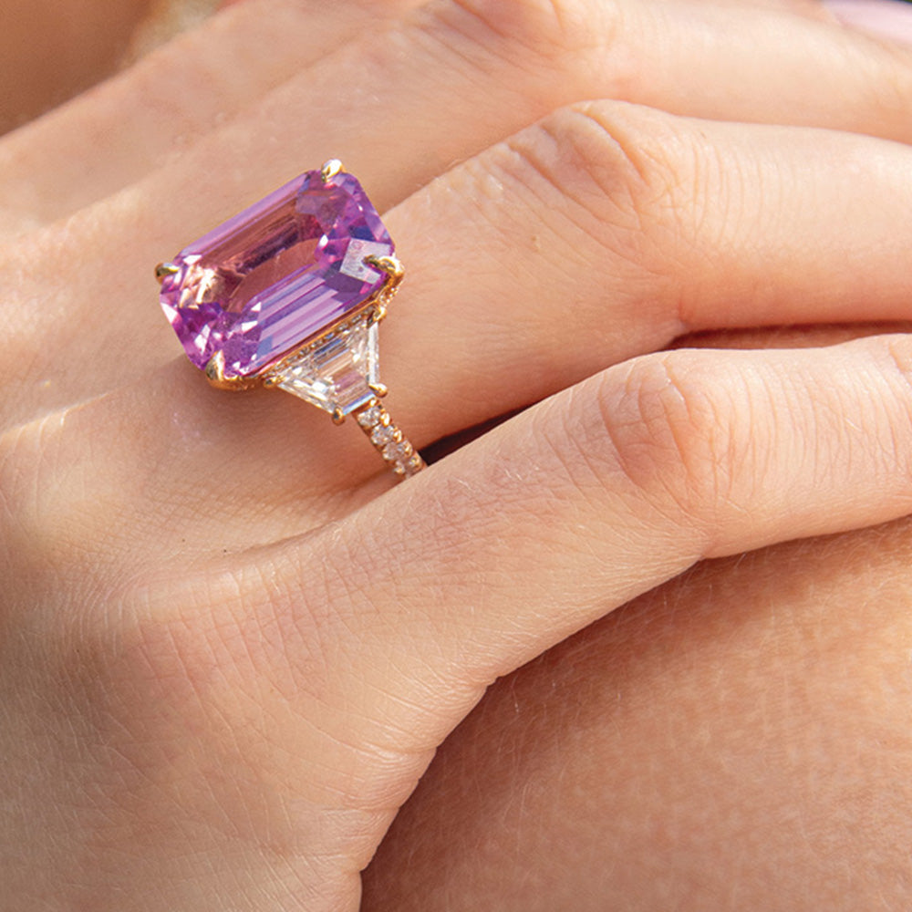 Pink Sapphire Cushion Cut Ring with Trapezoid Diamonds at Anita Ko