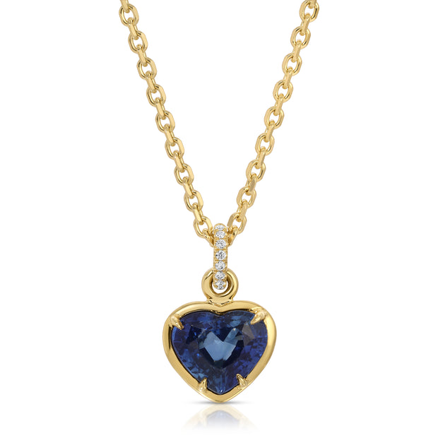 BEZELED BLUE SAPPHIRE HEART PENDANT WITH DIAMOND BAIL