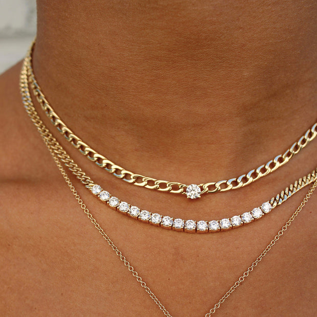 CHAIN LINK CHOKER WITH ROUND DIAMOND CENTER