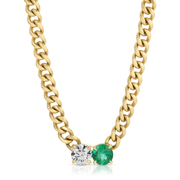 SMALL CUBAN CHAIN CHOKER WITH ROUND EMERALD AND DIAMOND CENTER