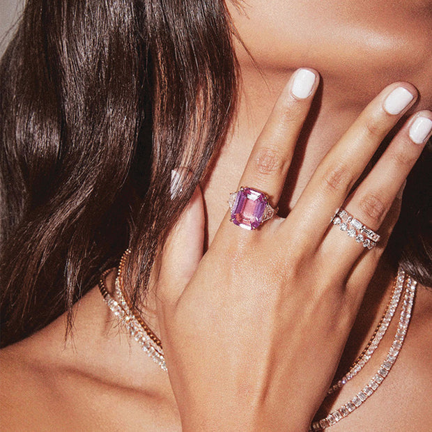 PINK SAPPHIRE CUSHION CUT RING WITH TRAPEZOID DIAMONDS
