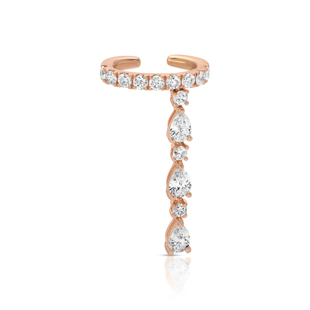 SINGLE ROW DIAMOND EAR CUFF WITH 3 PEAR AND ROUND DIAMOND DROPS
