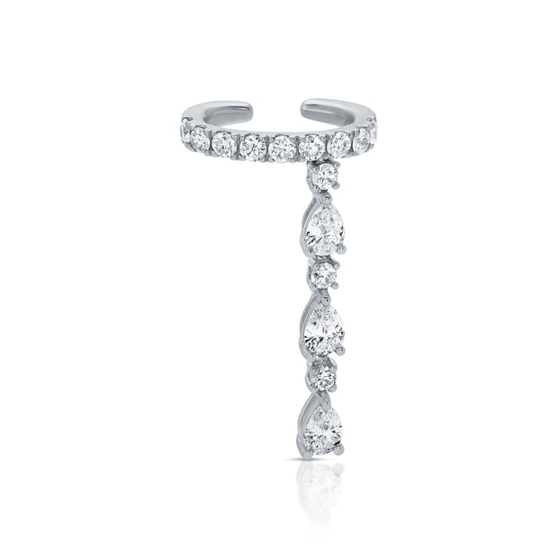 SINGLE ROW DIAMOND EAR CUFF WITH 3 PEAR AND ROUND DIAMOND DROPS
