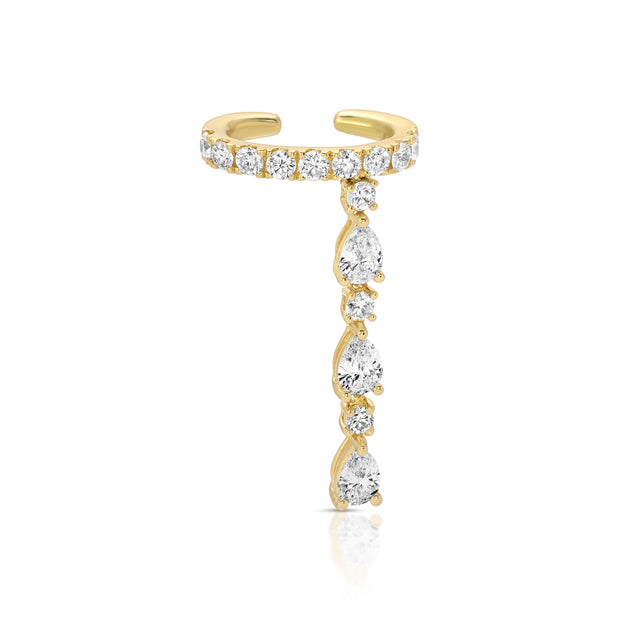 SINGLE ROW DIAMOND EAR CUFF WITH 3 PEAR AND ROUND DIAMOND DROPS