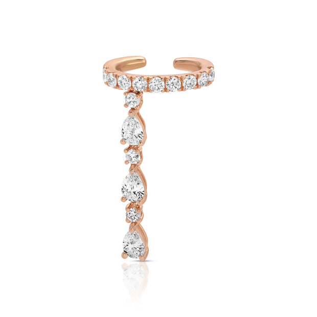 SINGLE ROW DIAMOND EAR CUFF WITH 3 PEAR AND ROUND DIAMOND DROPS