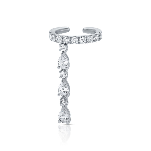 SINGLE ROW DIAMOND EAR CUFF WITH 3 PEAR AND ROUND DIAMOND DROPS
