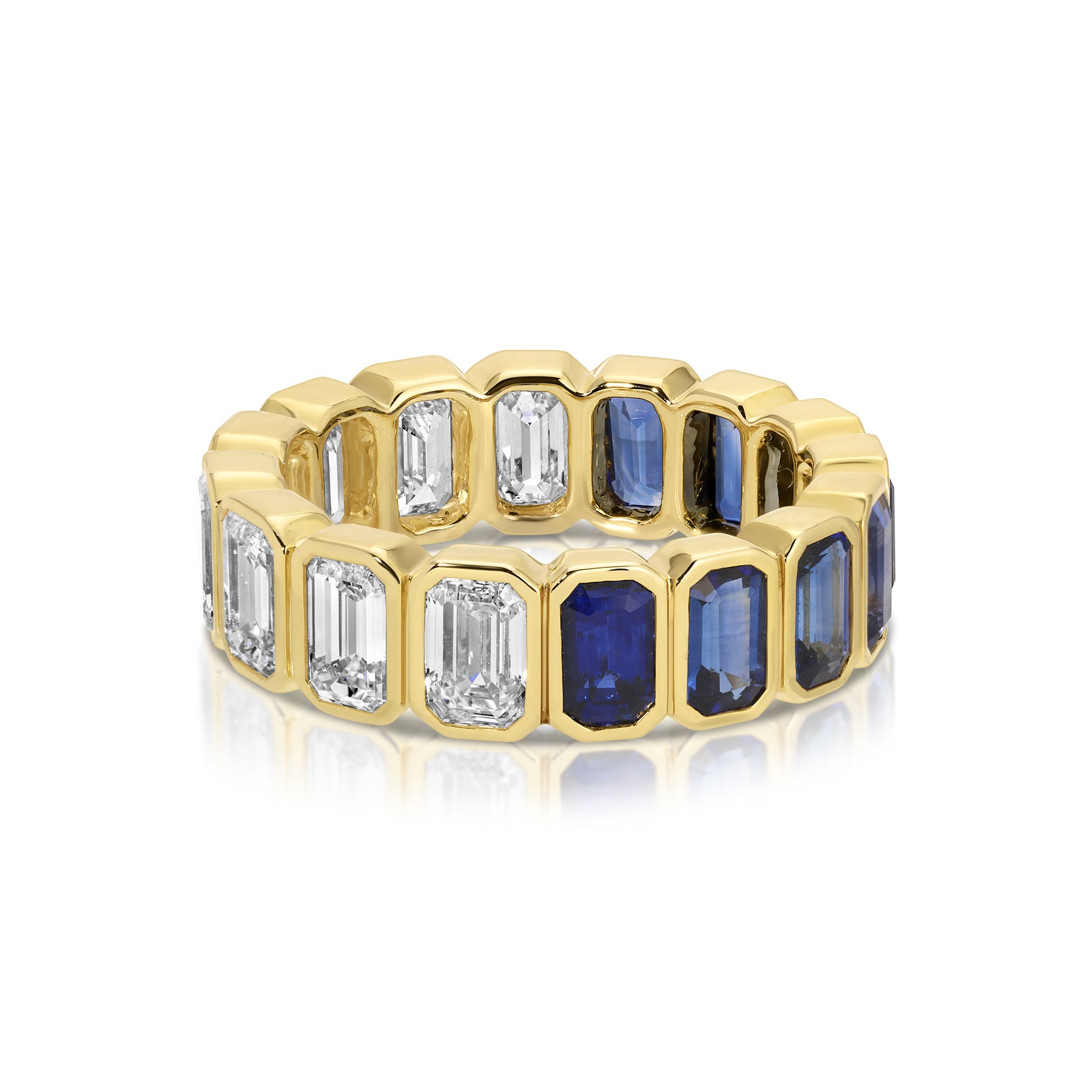 Bezeled BEZELED EMERALD CUT BLUE SAPPHIRE AND DIAMOND RING – Anita Ko