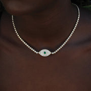 DIAMOND EVIL EYE CHOKER WITH EMERALD EYE