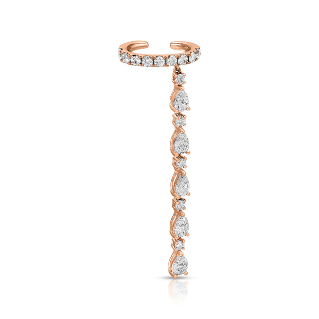 SINGLE ROW DIAMOND EAR CUFF WITH 5 PEAR AND ROUND DIAMOND DROPS