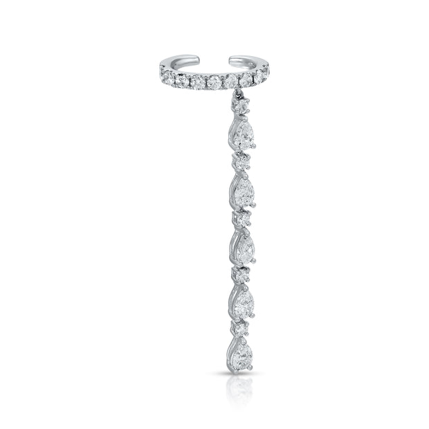 SINGLE ROW DIAMOND EAR CUFF WITH 5 PEAR AND ROUND DIAMOND DROPS