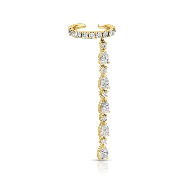 SINGLE ROW DIAMOND EAR CUFF WITH 5 PEAR AND ROUND DIAMOND DROPS