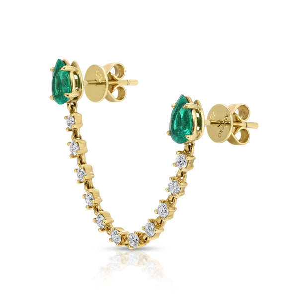 DOUBLE PIERCING PEAR EMERALD LOOP EARRING WITH DIAMOND CHAIN