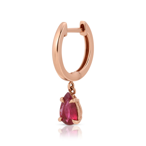 SINGLE HUGGIE WITH PEAR SHAPED RUBY DROP