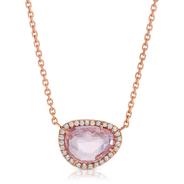 PINK SAPPHIRE PEBBLE NECKLACE WITH DIAMOND HALO