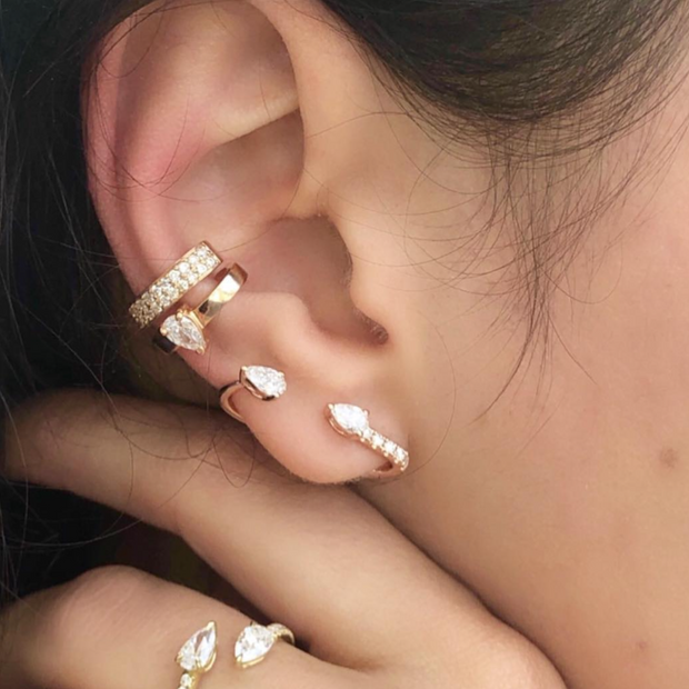 PAVE AND DOUBLE PEAR DIAMOND LOBE HUGGIE