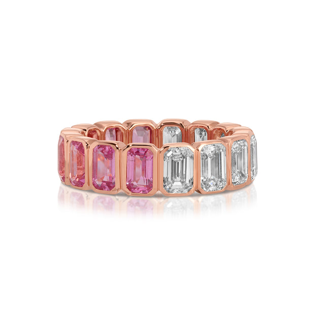 BEZELED EMERALD CUT PINK SAPPHIRE AND DIAMOND RING