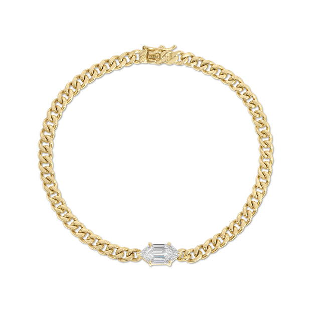 SMALL CUBAN LINK BRACELET WITH ELONGATED HEXAGON KITE DIAMOND CENTER