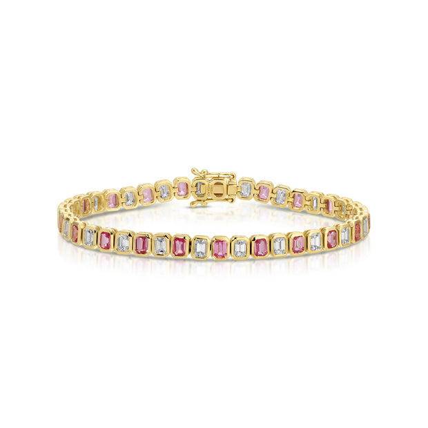 EMERALD CUT PINK SAPPHIRE AND EMERALD CUT DIAMOND BRACELET