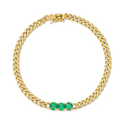 SMALL CUBAN CHAIN LINK BRACELET WITH THREE ROUND EMERALDS