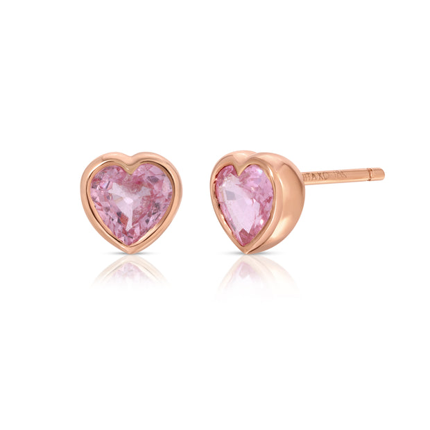 BEZELED PINK SAPPHIRE HEART STUDS