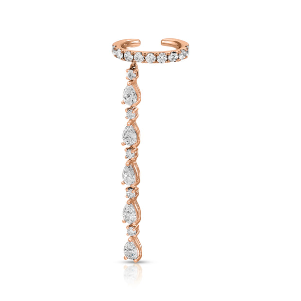 SINGLE ROW DIAMOND EAR CUFF WITH 5 PEAR AND ROUND DIAMOND DROPS