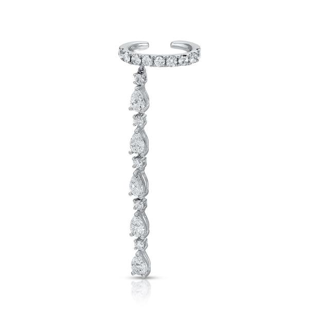 SINGLE ROW DIAMOND EAR CUFF WITH 5 PEAR AND ROUND DIAMOND DROPS