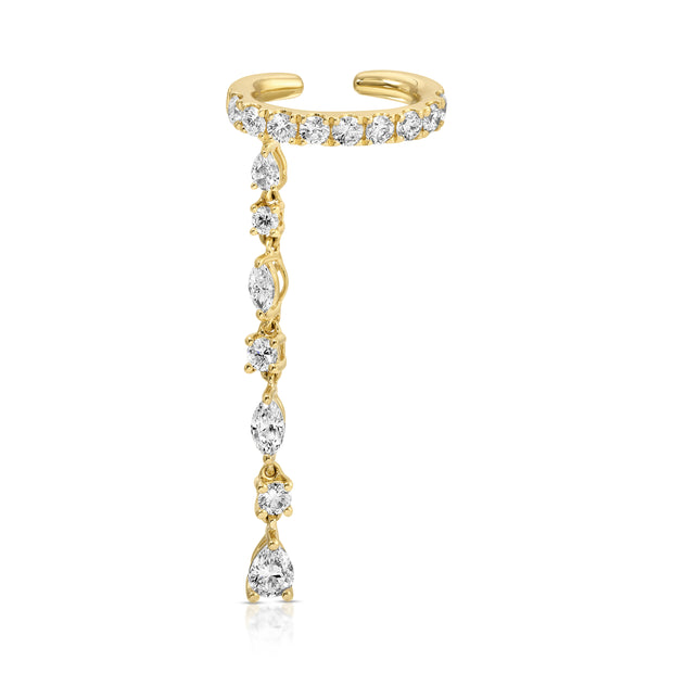 DIAMOND EAR CUFF WITH PEAR, ROUND, MARQUISE DIAMOND DROP