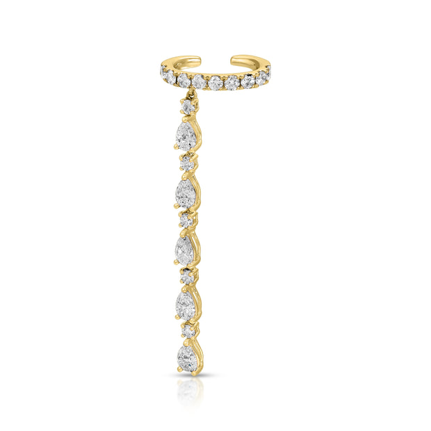 SINGLE ROW DIAMOND EAR CUFF WITH 5 PEAR AND ROUND DIAMOND DROPS