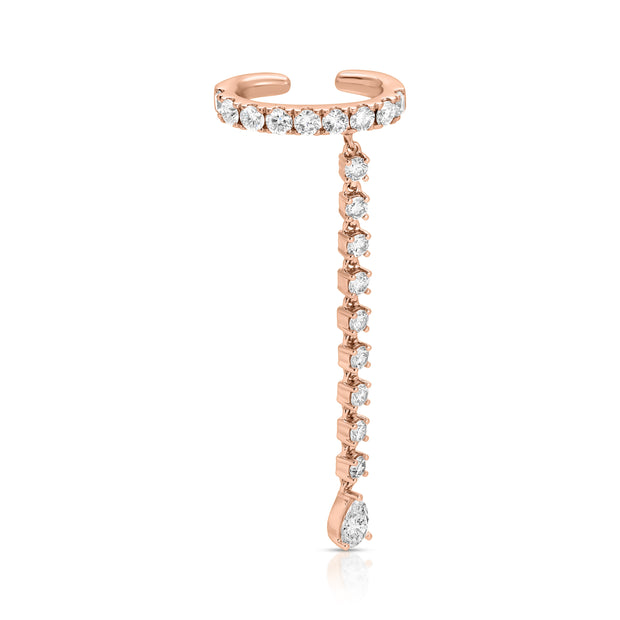 SINGLE ROW DIAMOND EAR CUFF WITH ROUND AND PEAR DIAMOND DROPS