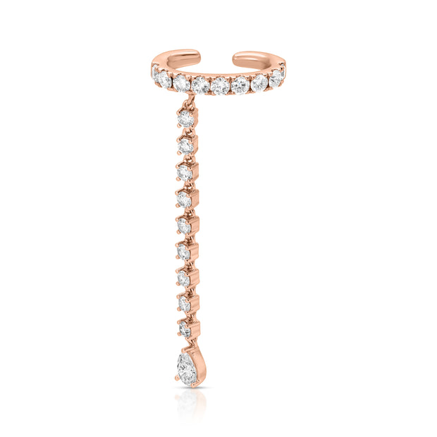 SINGLE ROW DIAMOND EAR CUFF WITH ROUND AND PEAR DIAMOND DROPS