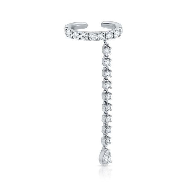 SINGLE ROW DIAMOND EAR CUFF WITH ROUND AND PEAR DIAMOND DROPS