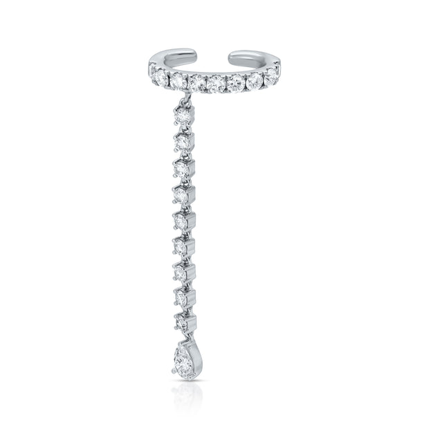SINGLE ROW DIAMOND EAR CUFF WITH ROUND AND PEAR DIAMOND DROPS