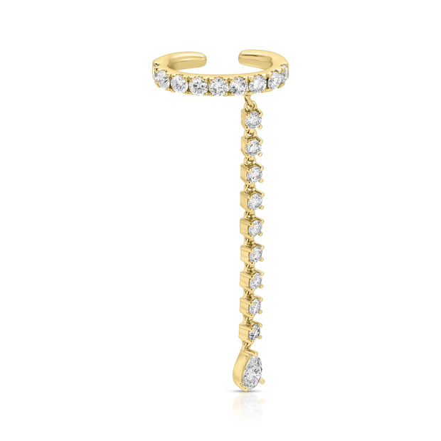 SINGLE ROW DIAMOND EAR CUFF WITH ROUND AND PEAR DIAMOND DROPS