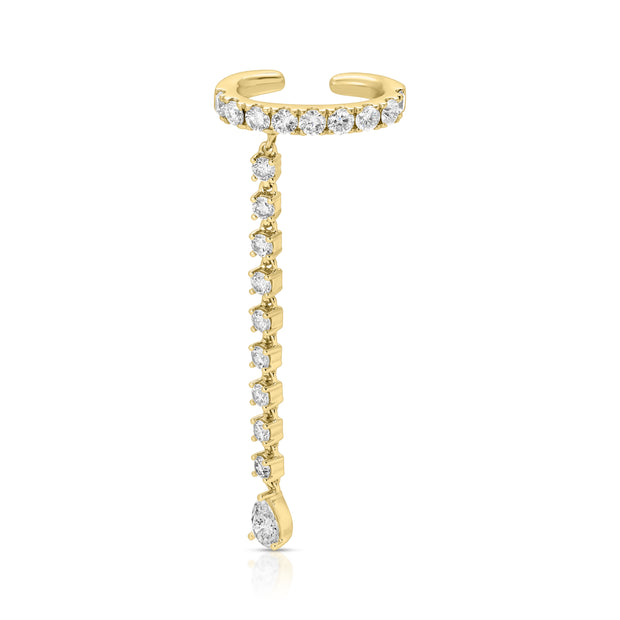 SINGLE ROW DIAMOND EAR CUFF WITH ROUND AND PEAR DIAMOND DROPS