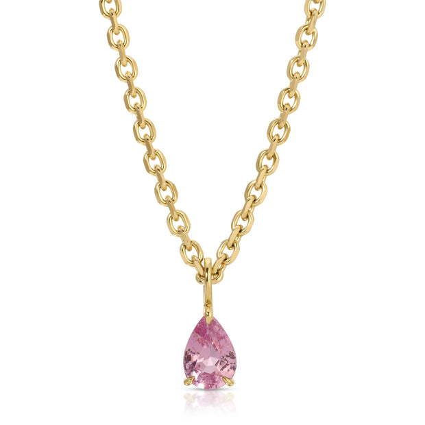 PINK SAPPHIRE PEAR PENDANT ON ROLO CHAIN