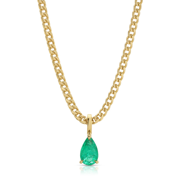 COLOMBIAN EMERALD PEAR PENDANT ON SMALL CUBAN CHAIN