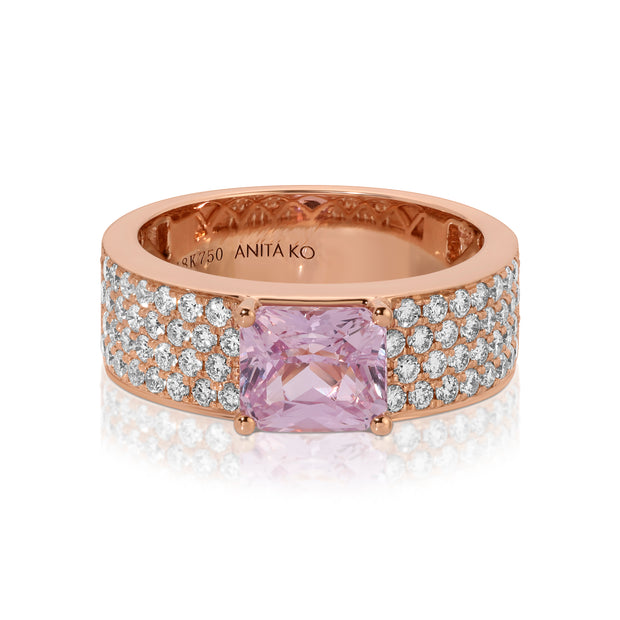 WIDE DIAMOND BAND WITH RADIANT CUT PINK SAPPHIRE CENTER