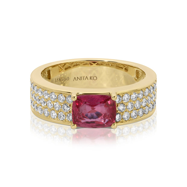 WIDE DIAMOND BAND WITH CUSHION CUT RUBY CENTER