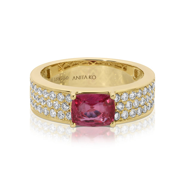 WIDE DIAMOND BAND WITH CUSHION CUT RUBY CENTER