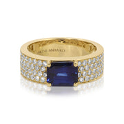 WIDE DIAMOND BAND WITH EMERALD CUT BLUE SAPPHIRE CENTER