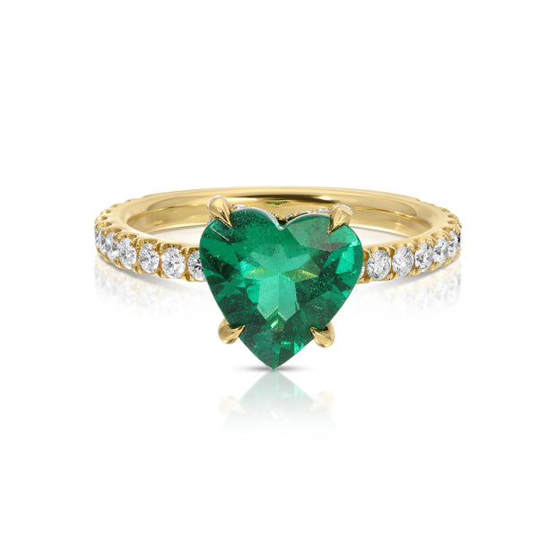 EMERALD HEART RING WITH DIAMOND BASKET AND BAND