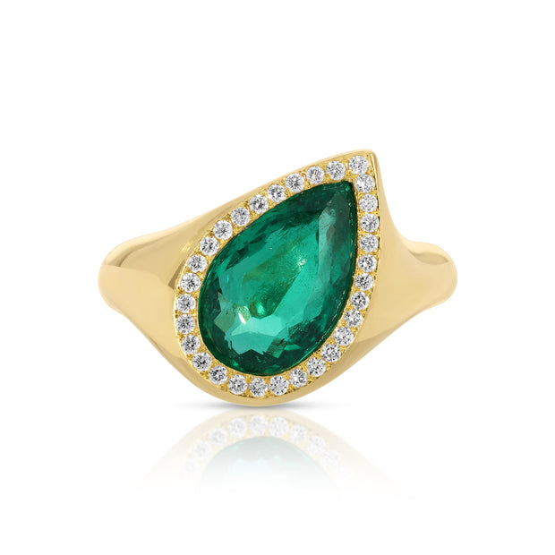 SIDEWAYS COLOMBIAN PEAR EMERALD AND PAVE DIAMOND RING