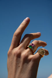 WIDE DIAMOND BAND WITH EMERALD CUT COLOMBIAN EMERALD CENTER