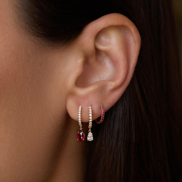 SINGLE DIAMOND HUGGIE WITH PEAR-SHAPED RUBY DROP